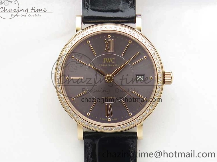 MIROTIME 0522 Durable Portofino 37mm RG V7F 1:1 Best Edition Gray Dial Diamonds Bezel on Black Leather Strap A 7089